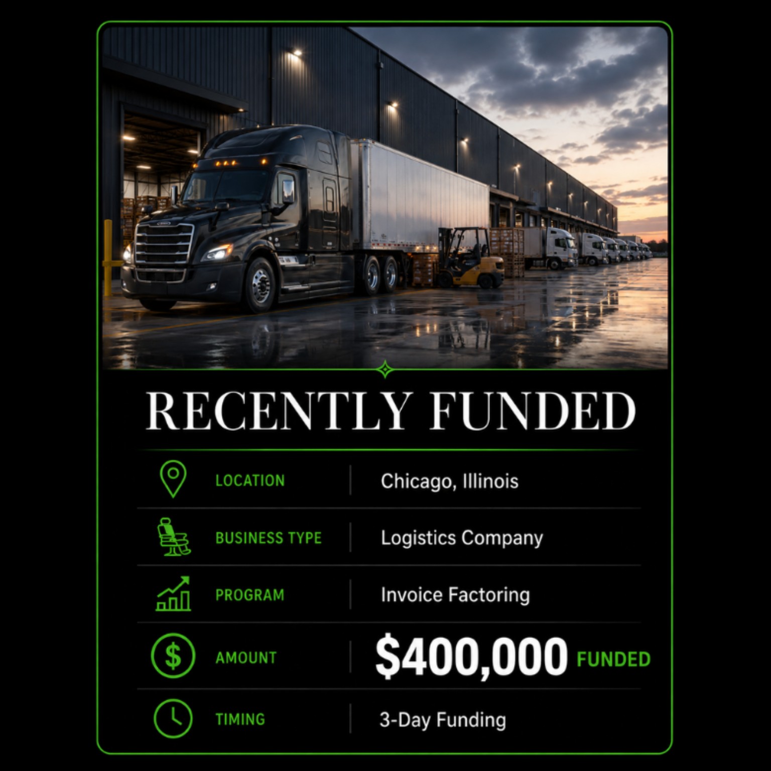 Logistics trucks outside a Chicago distribution center